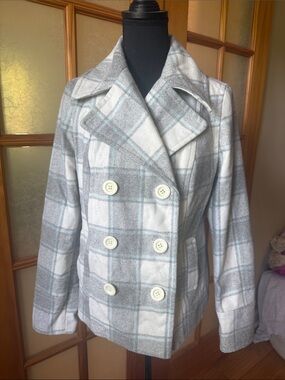 Old Navy Gray & White Plaid Double-Breasted Peacoat
